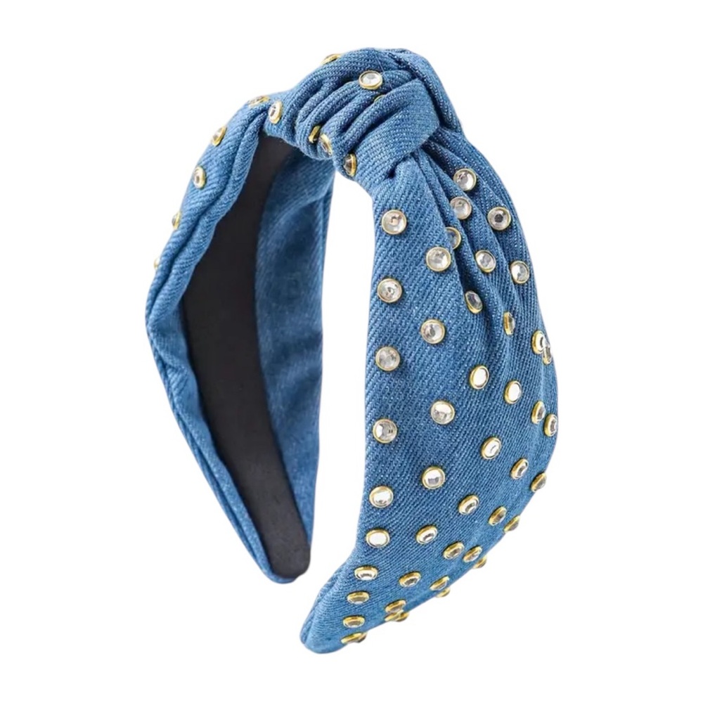 Dark Blue Denim Rhinestone Studded Headband